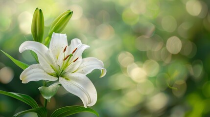 White Lily Flower with Green Background.