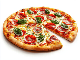 Delicious pepperoni pizza with mozzarella cheese, fresh basil, and a crispy crust, perfect for any meal or gathering.