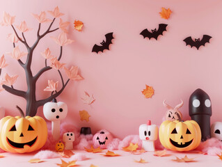 Halloween decorations on pastel background