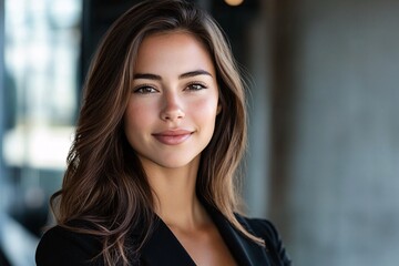 Fototapeta premium Smiling Businesswoman with Long Brown Hair in Professional Attire