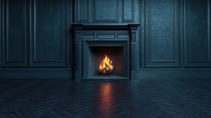 A cozy fireplace set in a dark blue room, creating a warm and inviting ambiance perfect for relaxation and comfort.