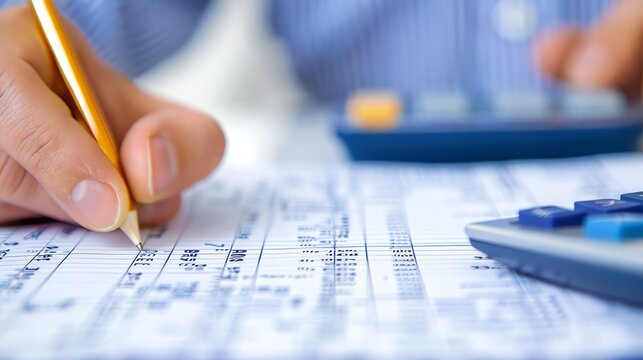 Close-up of hands working on financial statements with a pen and calculator, showcasing business and financial analysis in progress.