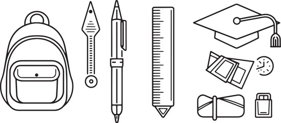 A straightforward vector icon set with a pen, backpack, ruler, and graduation hat 