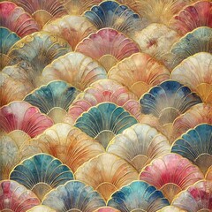 A vibrant pattern of colorful, scalloped fans, blending rich hues and intricate designs, perfect for decorative purposes.