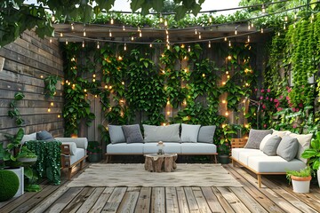 Fototapeta premium Cozy Outdoor Living Space Surrounded by Lush Greenery and Twinkling Lights
