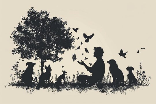 A minimalist depiction of the garden at sunset, featuring soft colors and silhouettes of Adam and Eve reflecting on their surroundings. The illustration beautifully captures the essence of creation 