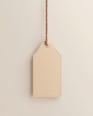 A blank beige tag hanging with a rope, perfect for labeling gifts, products, or crafts.