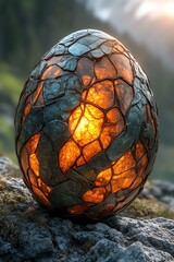 A dragon egg with a scaly, glowing surface, resting on a rocky ground, illuminated by a soft, warm light