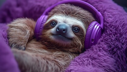 Fototapeta premium A relaxed sloth wearing purple headphones, lounging against a matching purple background