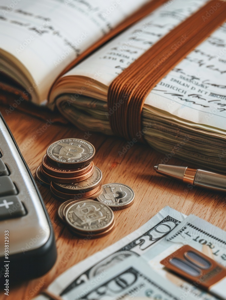 Fototapete A stack of cash and coins sits next to an open notebook filled with detailed notes and calculations for effective financial planning. Generative AI