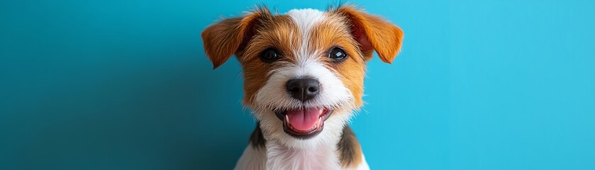 Adorable puppy winking and smiling, playful expression, bright blue background