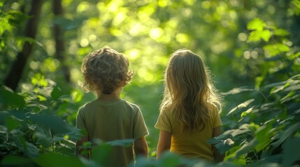 Obraz premium Two siblings playing hide-and-seek in a magical forest setting.