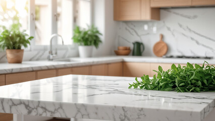 Empty white marble table with minmal white blurred kitchen background for product mockup