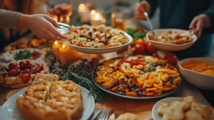 Parents and children passing dishes around a table filled with delicious food.