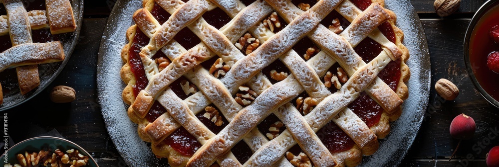 Sticker traditional shortcake pastry with fruit preserves, nuts, and a lattice design