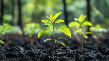 Close-up of a young plant sprouting in nutrient-rich soil against a blurred forest background, symbolizing growth and new beginnings.