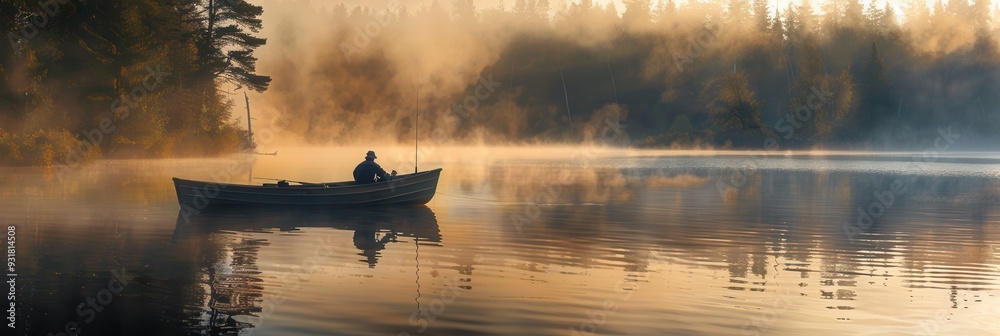 Poster A fisherman quietly rows a small boat through a foggy lake at sunrise, surrounded by still water and tranquil scenery. Generative AI