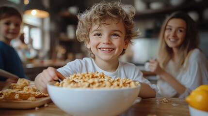 Children pouring cereal while parents make coffee, a busy but joyful morning.