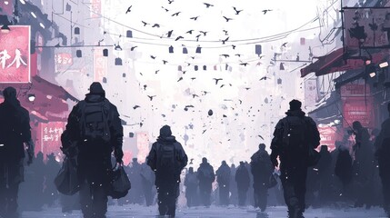 Obraz premium Shadows of the Gothic Market: Eerie Watercolor Scene with Crowded Figures, Generative Ai