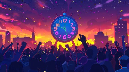 Obraz premium A countdown to New Year with a large digital clock and a crowd cheering in anticipation cartoon Vector Illustration