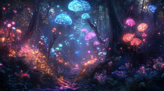 Picture a lush forest where the flora and fauna have evolved to incorporate bioluminescence. Trees with glowing, iridescent leaves and flowers that light up in vibrant colors create a magical atmosphe - Powered by Adobe