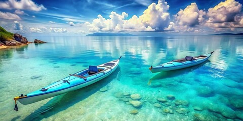 Obraz premium Azure Odyssey: Tranquil blue seas and graceful kayaks, serene mood, painterly style, turquoise and silver hues, concept of peaceful exploration.