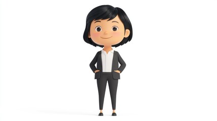 Cheerful animated character with short black hair wearing a suit and hands in pockets Isolated