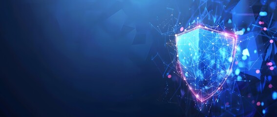 Cyber security, data protection and business technology concept banner with digital shield symbol on blue background