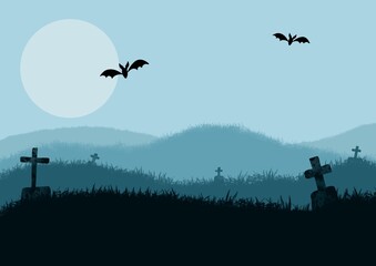 Halloween background with bats and moon. Horror illustration with bats in the cemetery and thick fog