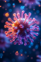 Microscopic view of a virus, vibrant colors, soft focus background, glowing particles, macro shot, high detail