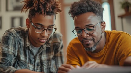 A teenage student receiving guidance from a parent on a college application essay.