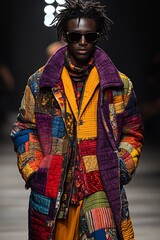 Smart Man model on a runway wearing a vibrant patchwork outfit, blending bold colors and intricate patterns, spotlight highlighting the look