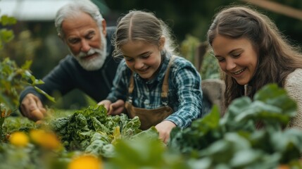 A multi-generational family harvesting fresh produce from their garden.