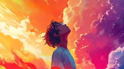 A Person Gazing Upward at a Vibrant Sunset Sky