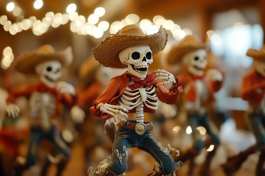 Festive dancing skeletons celebrate Christmas in cowboy style at a lively holiday gathering