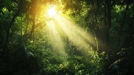 Fototapeta premium Sunlight streams through lush, dense forest foliage, creating a serene and magical atmosphere in this vibrant, green jungle landscape.