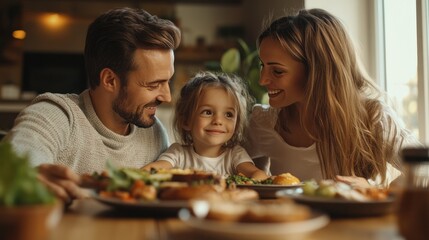 A modern family enjoying a healthy and colorful dinner together.