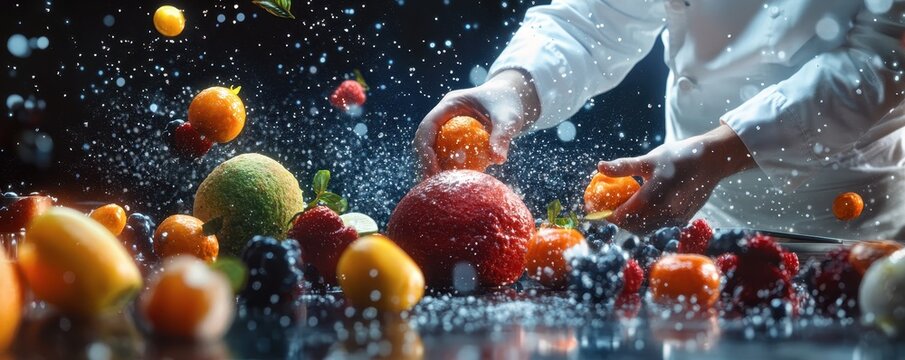 Vibrant explosion of fresh fruits with water droplets, showcasing culinary artistry and freshness in a dynamic kitchen setting.