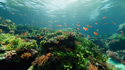 Fototapeta premium Vibrant underwater coral reef scene with colorful fish swimming among diverse marine life in a clear blue ocean.