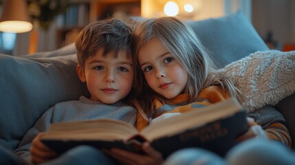 Obraz premium A heartwarming shot of siblings reading a book together, cuddling on a couch.