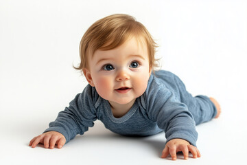 Adorable baby exploring the world while crawling on a soft white surface in a cozy indoor setting