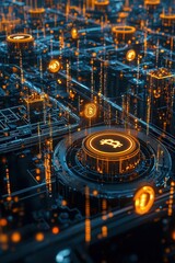 A futuristic city powered by blockchain technology with cryptocurrency symbols integrated
