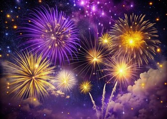 Celestial Fireworks: Night Sky, Explosions, Stars, Violet, Yellow