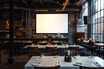 A modern restaurant with a large blank screen on the wall.  The screen is perfect for displaying a menu, specials, or a presentation. There are tables and chairs set up for dining.