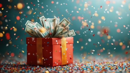 Celebratory gift box filled with cash, surrounded by confetti, symbolizing financial windfall, rewards, or a generous surprise on a festive occasion