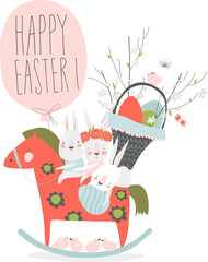 Cute cartoon bunny with Easter eggs and flowers