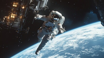 An astronaut performing a spacewalk outside a spacecraft, with the curvature of Earth and the vastness of space in the background