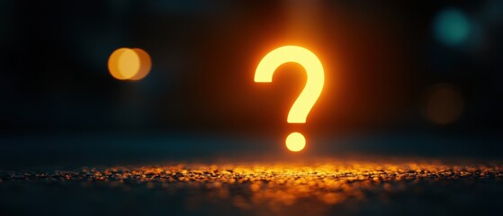 A glowing question mark on the ground, symbolizing curiosity and inquiry in a dark, blurred background.