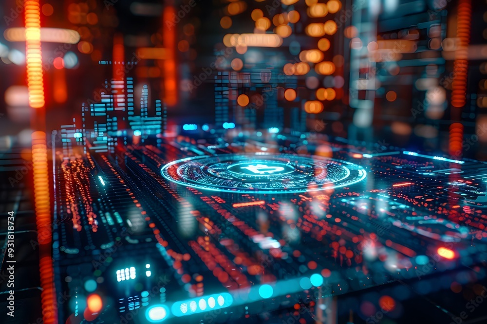 Poster futuristic digital interface with glowing data visualizations