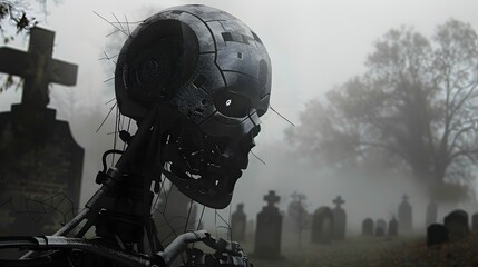 Haunted Robot with Cracked Screen Face Displaying Glitchy Ghost Images in Foggy Cemetery Landscape